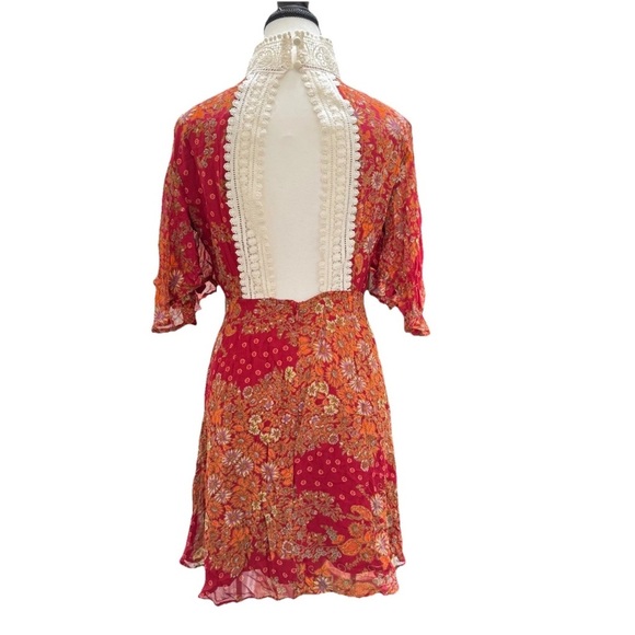 ASOS Mini Dress Floral Size 10 Crochet High Neck Open Back Red Orange Coquette - Picture 2 of 11